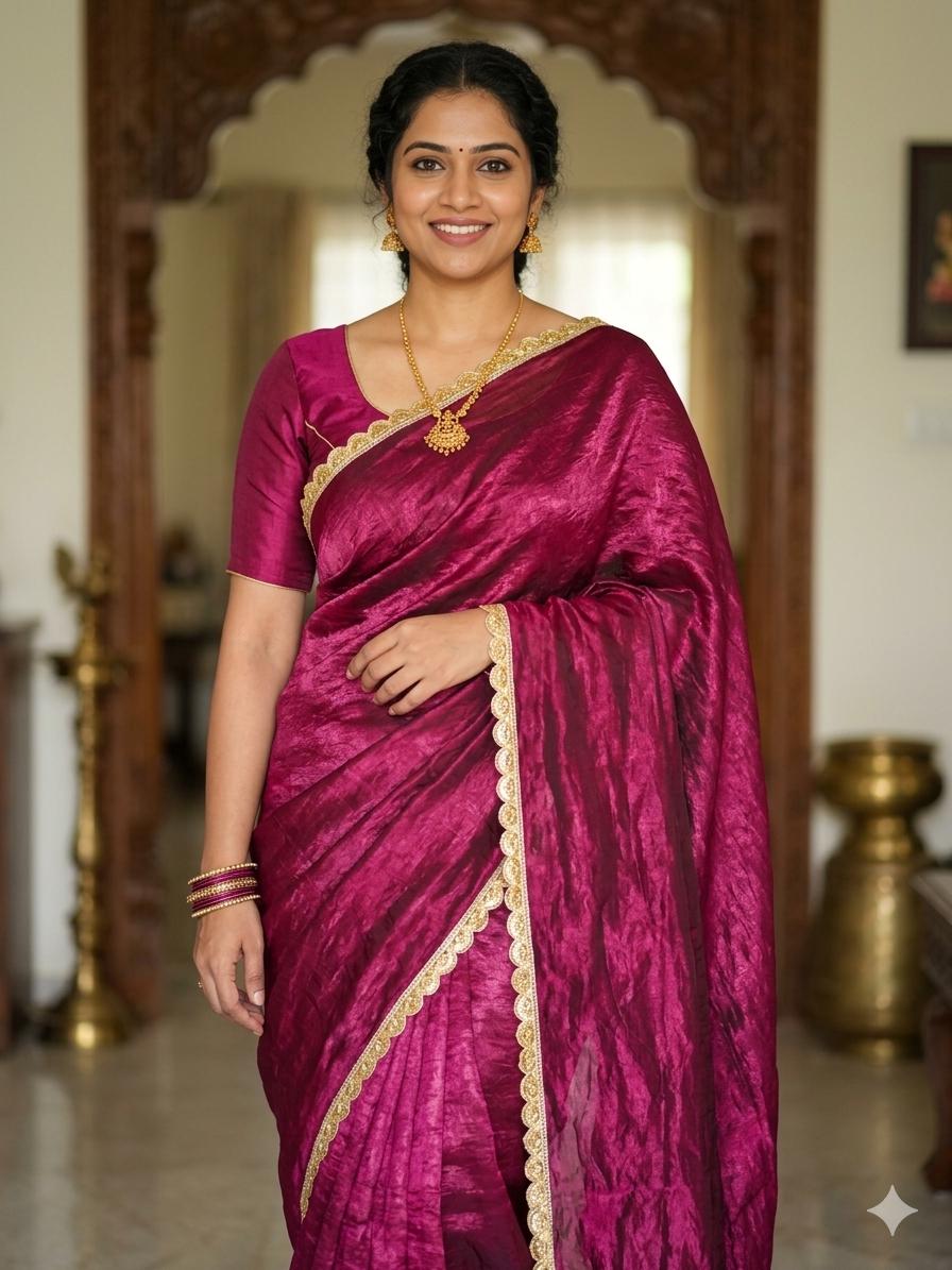 Purple Tissue silk saree with handmade lace border (no blouse, only saree)