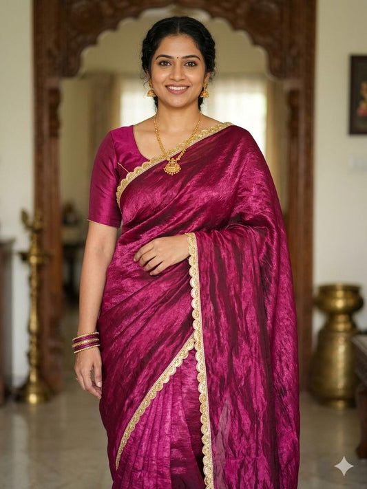 Purple Tissue silk saree with handmade lace border (no blouse, only saree)