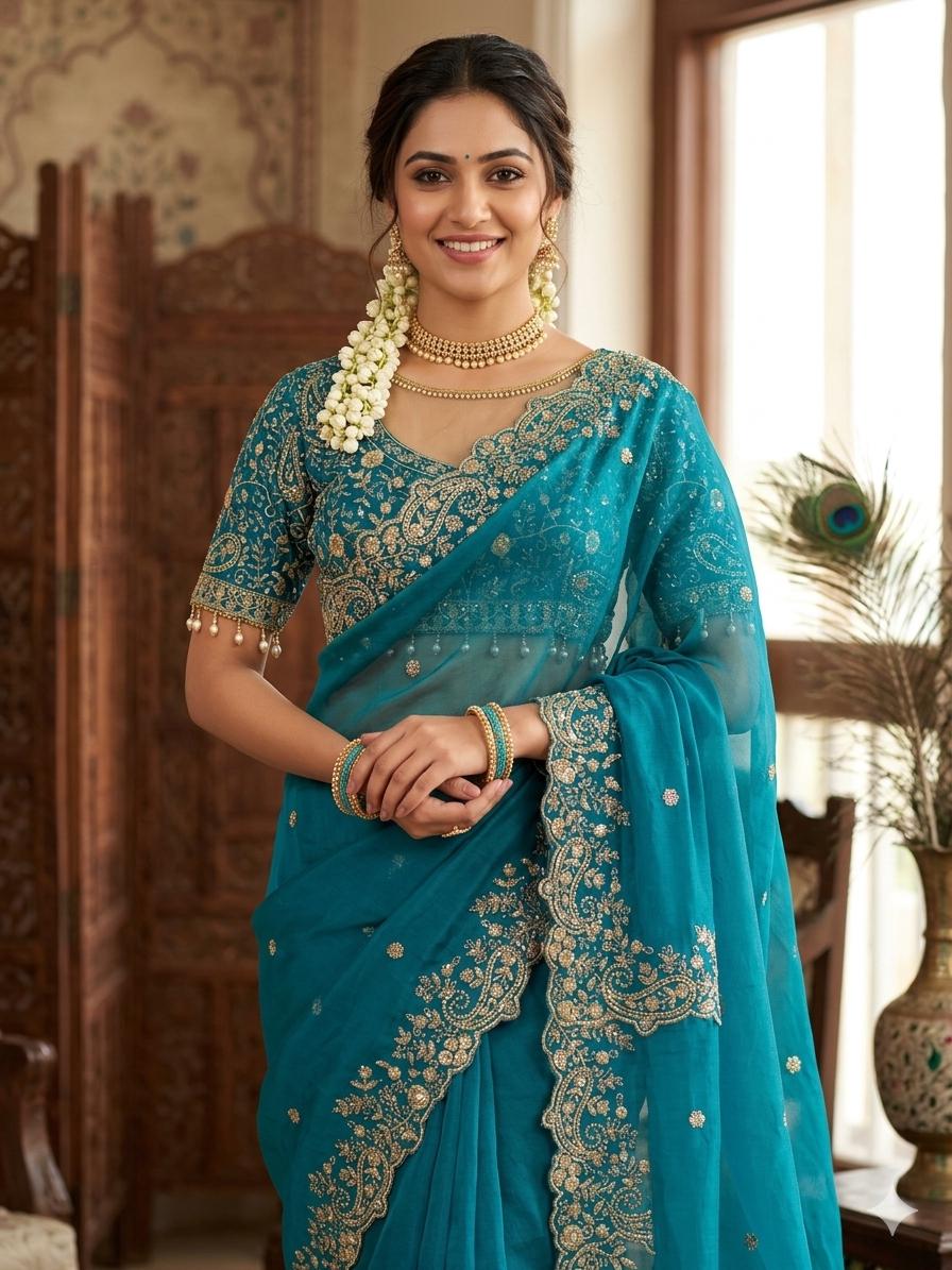Fandy Satin Embroidered Designer Saree with stitched blouse