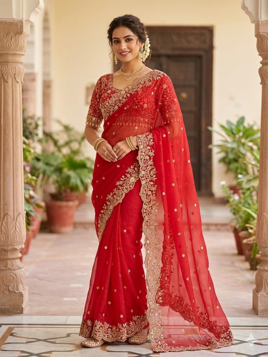 Fandy Satin Embroidered Designer Saree with stitched blouse