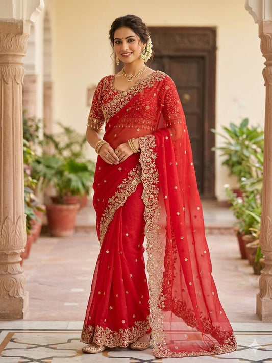 Fandy Satin Embroidered Designer Saree with stitched blouse