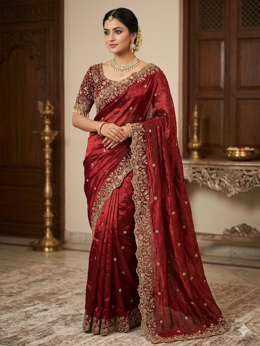 Fandy Satin Embroidered Designer Saree with stitched blouse
