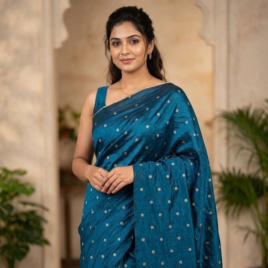 Blue Tissue Silk Saree, Sequin Butti, Lace Border (no blouse, only saree)