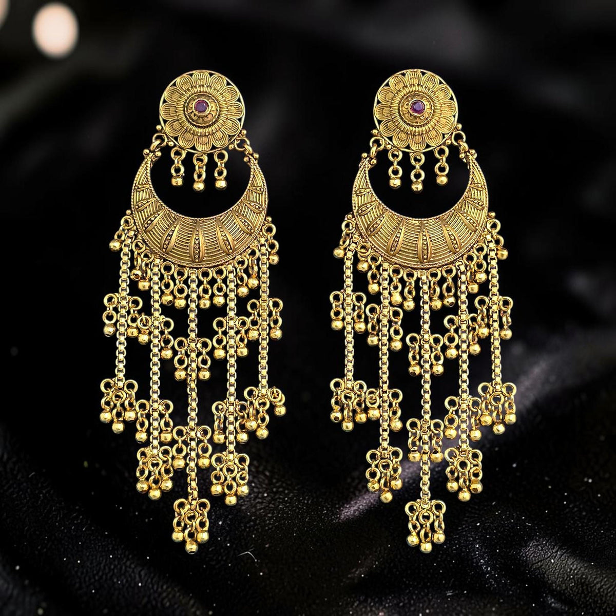 Kashmiri Gold filigree delicate design chandbali earrings gold polished