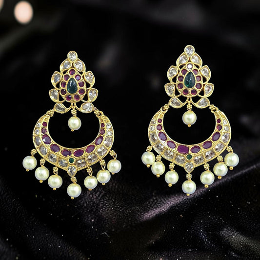 Stones and pearls delicate design small chandbali earrings, gold polished