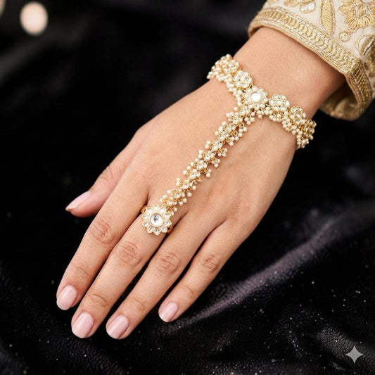 Haath Phool hand accessory in kundan and pearls in light gold polish single piece