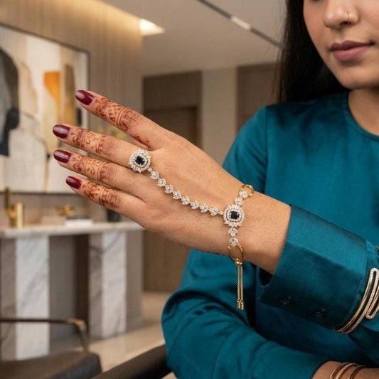Haath Phool hand accessory in American diamonds gold polished single piece