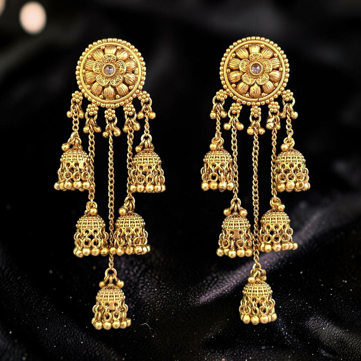 Kashmiri Gold filigree delicate design chandbali earrings gold polished
