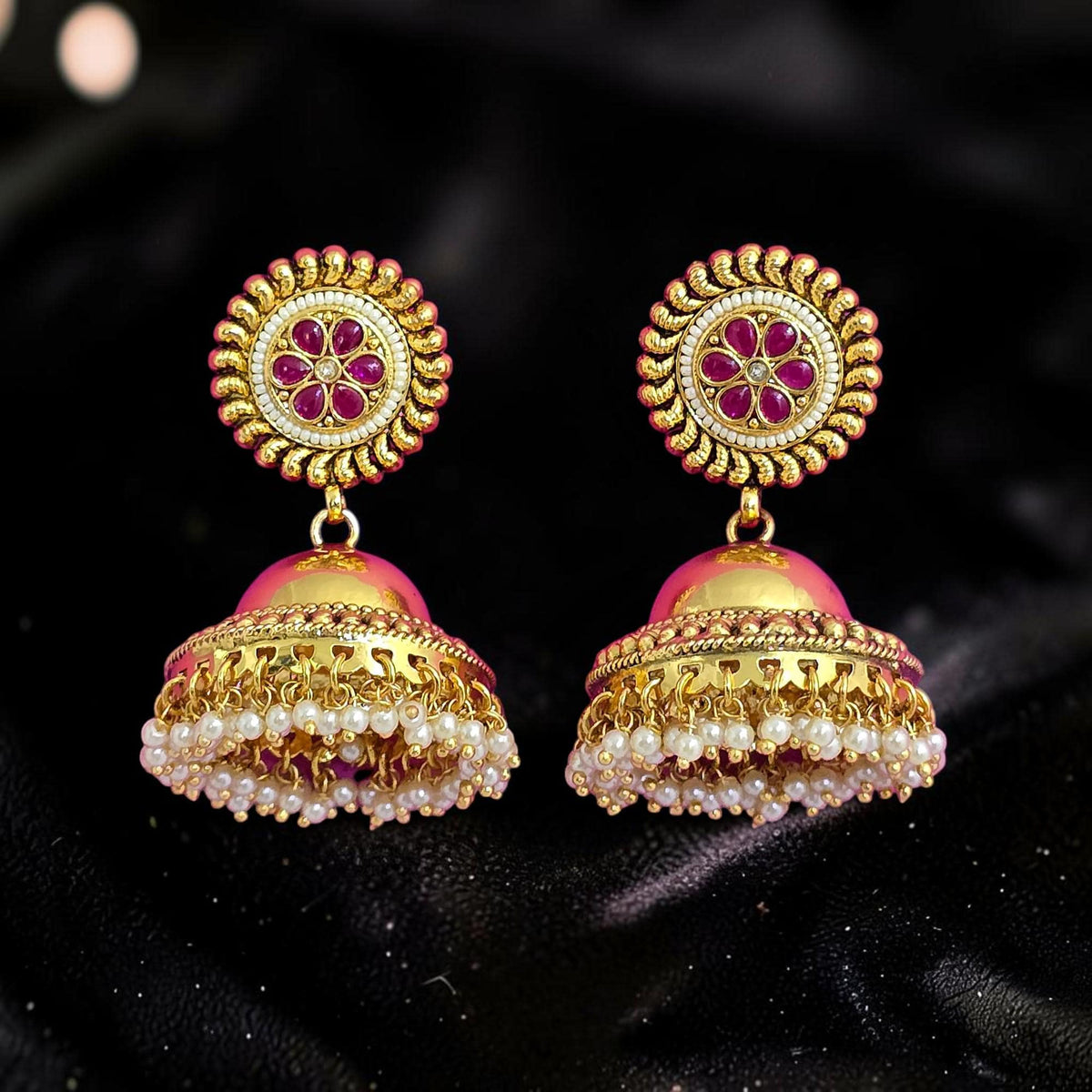 Small golden and pearl jhumkis with gold polished