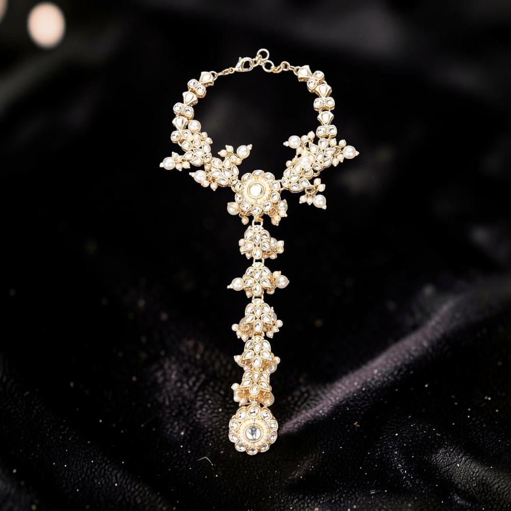 Haath Phool hand accessory in kundan and pearls in light gold polish single piece