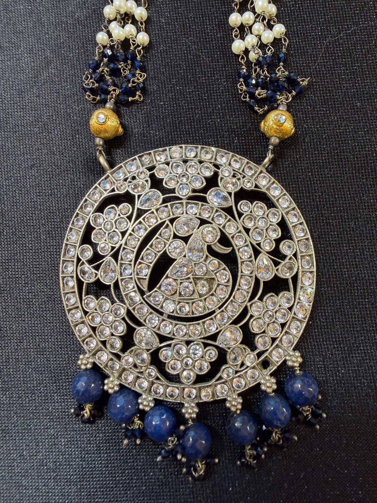 German silver necklace set with rhinestones and beads turquoise and ruby color