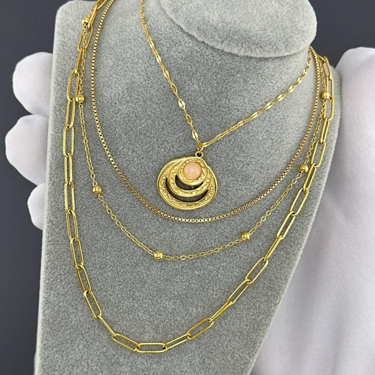 Swirls with stone pendant necklace, waterproof, anti-tarnish, 18k gold plated on stainless steel