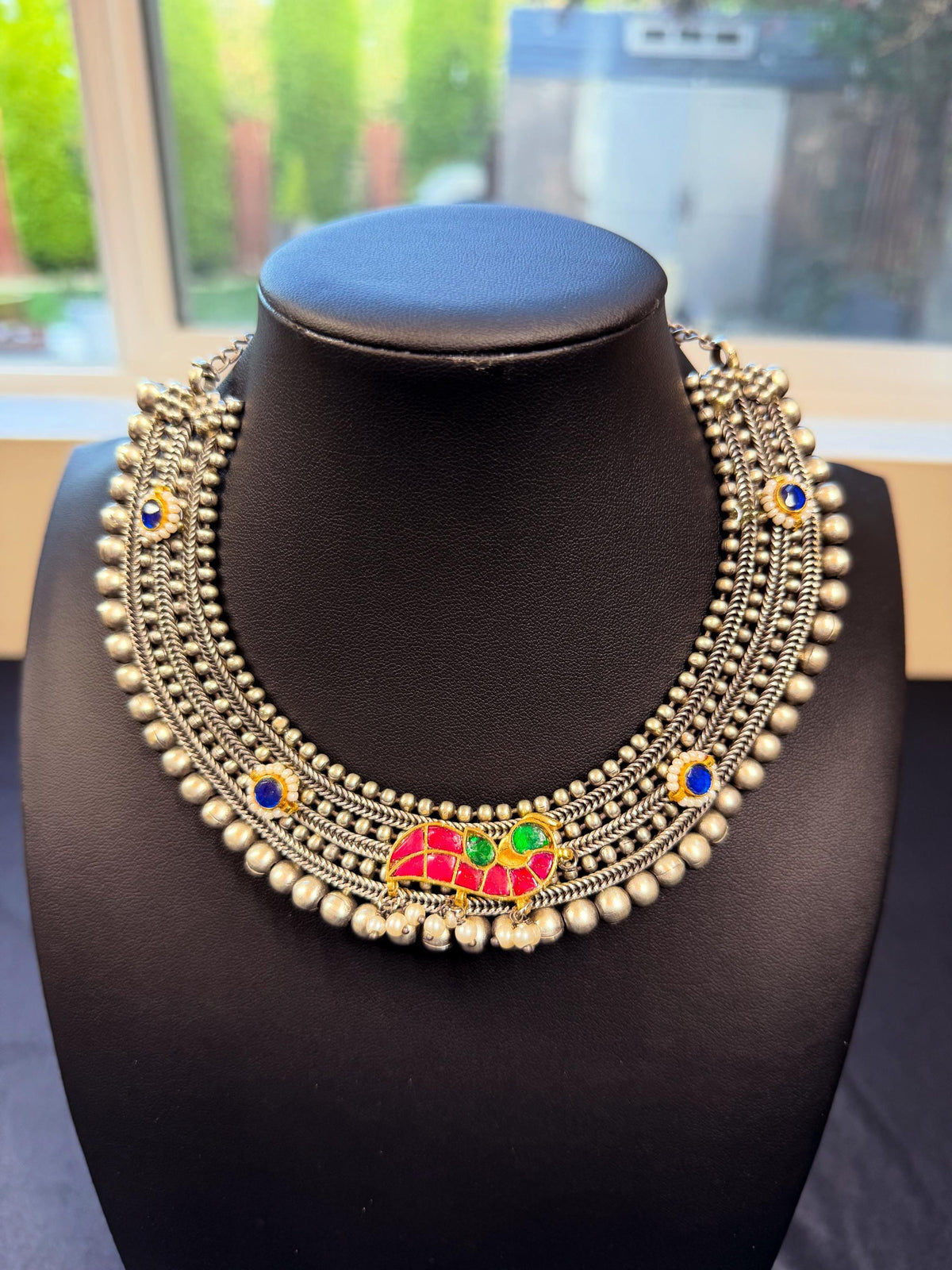 German silver necklace set with jadaus oxidized garba dandiya two tone