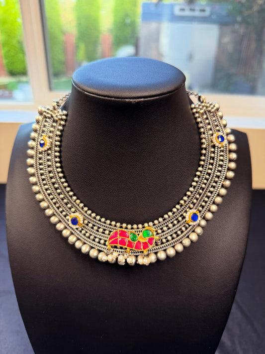 German silver necklace set with jadaus oxidized garba dandiya two tone