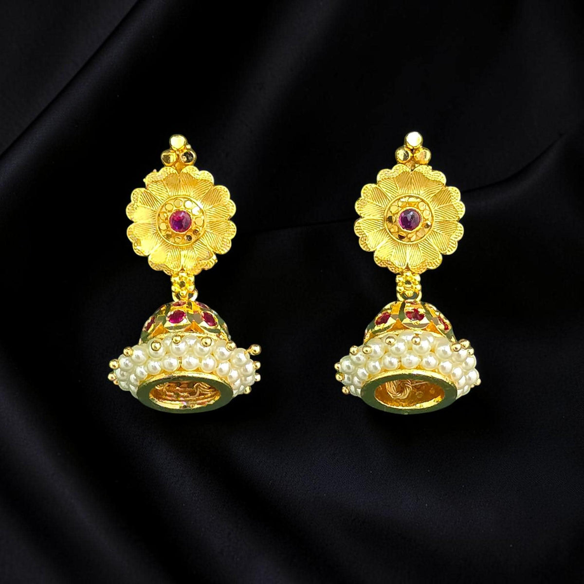 Small golden and pearl jhumkis with gold polished earrings