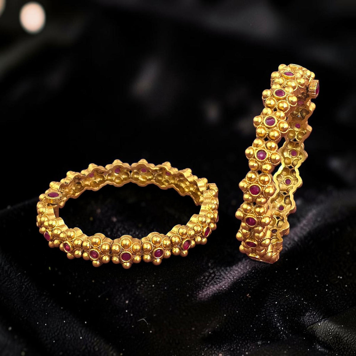 Handmade Antique Gold bangles set of 2 openable kudi style with ruby stones Maharashtrian