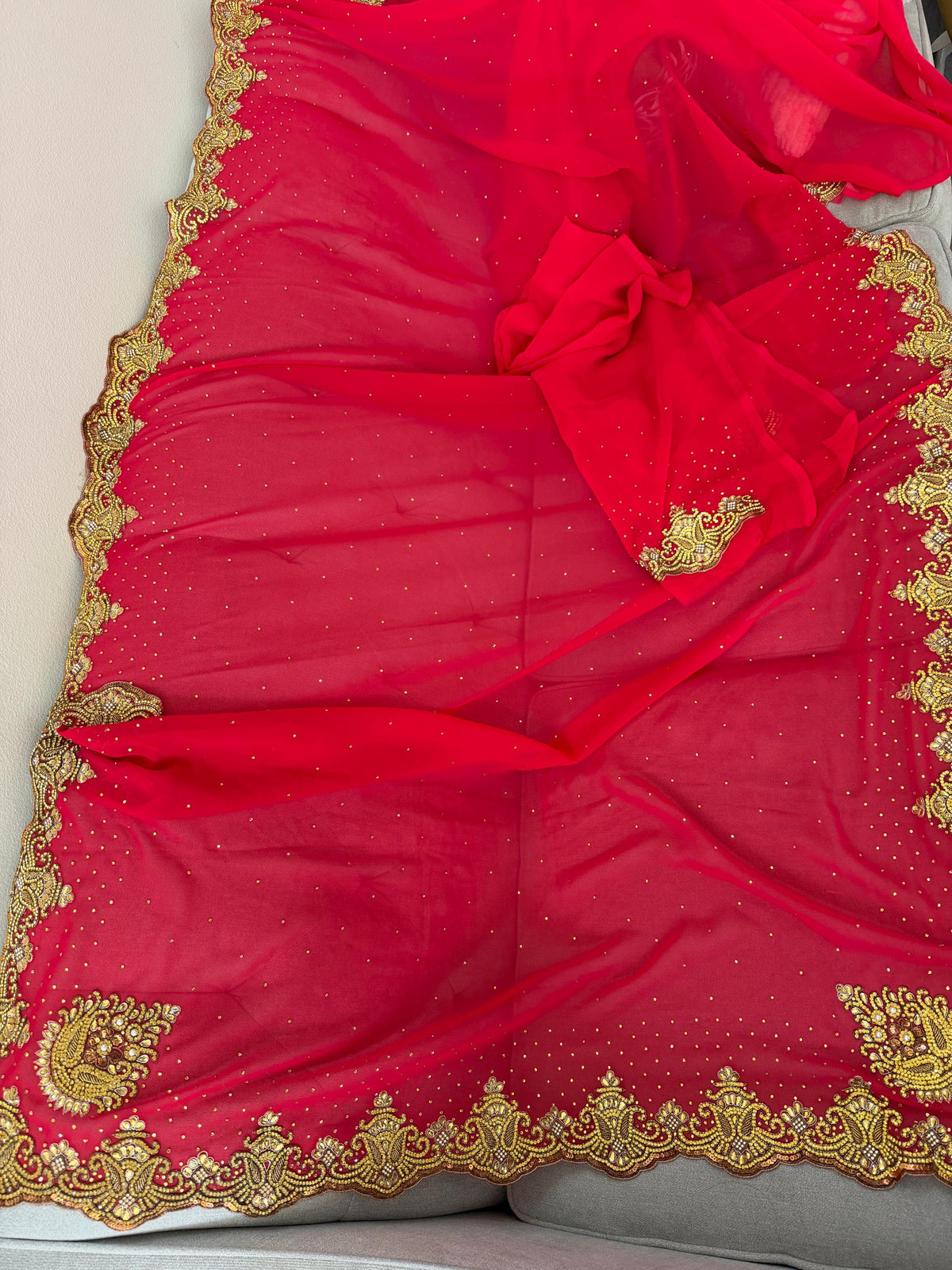 Georgette with heavy work and stonework Saree premium quality fall pico done with blouse piece
