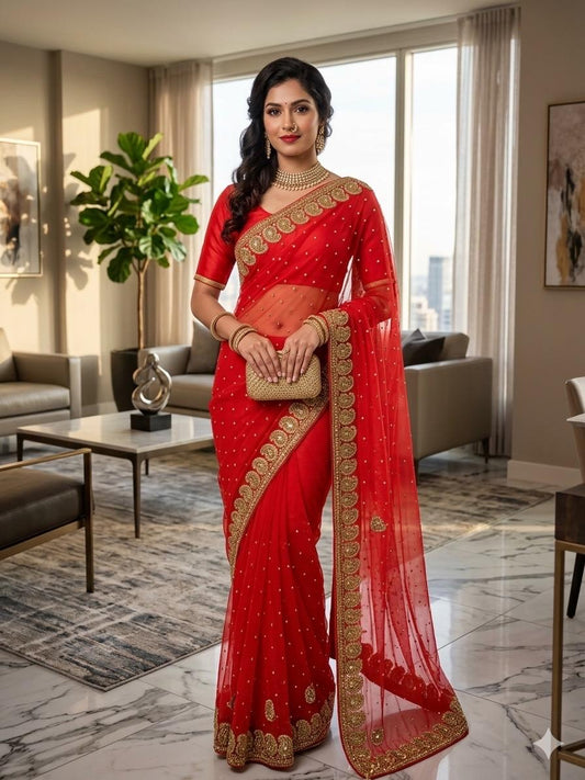 Georgette with heavy work and stonework Saree premium quality fall pico done with blouse piece