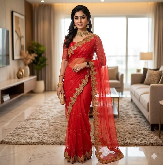 Georgette with heavy work and stonework Saree premium quality fall pico done with blouse piece