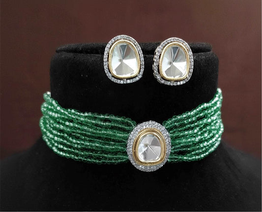 Mossanite choker necklace set with sugar beads and American diamonds, gold polished