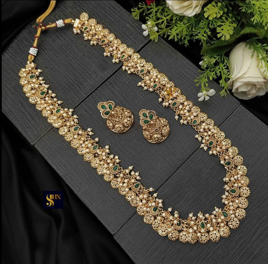 Long necklace gold look-alike set with pearls and stones with jhumka earrings