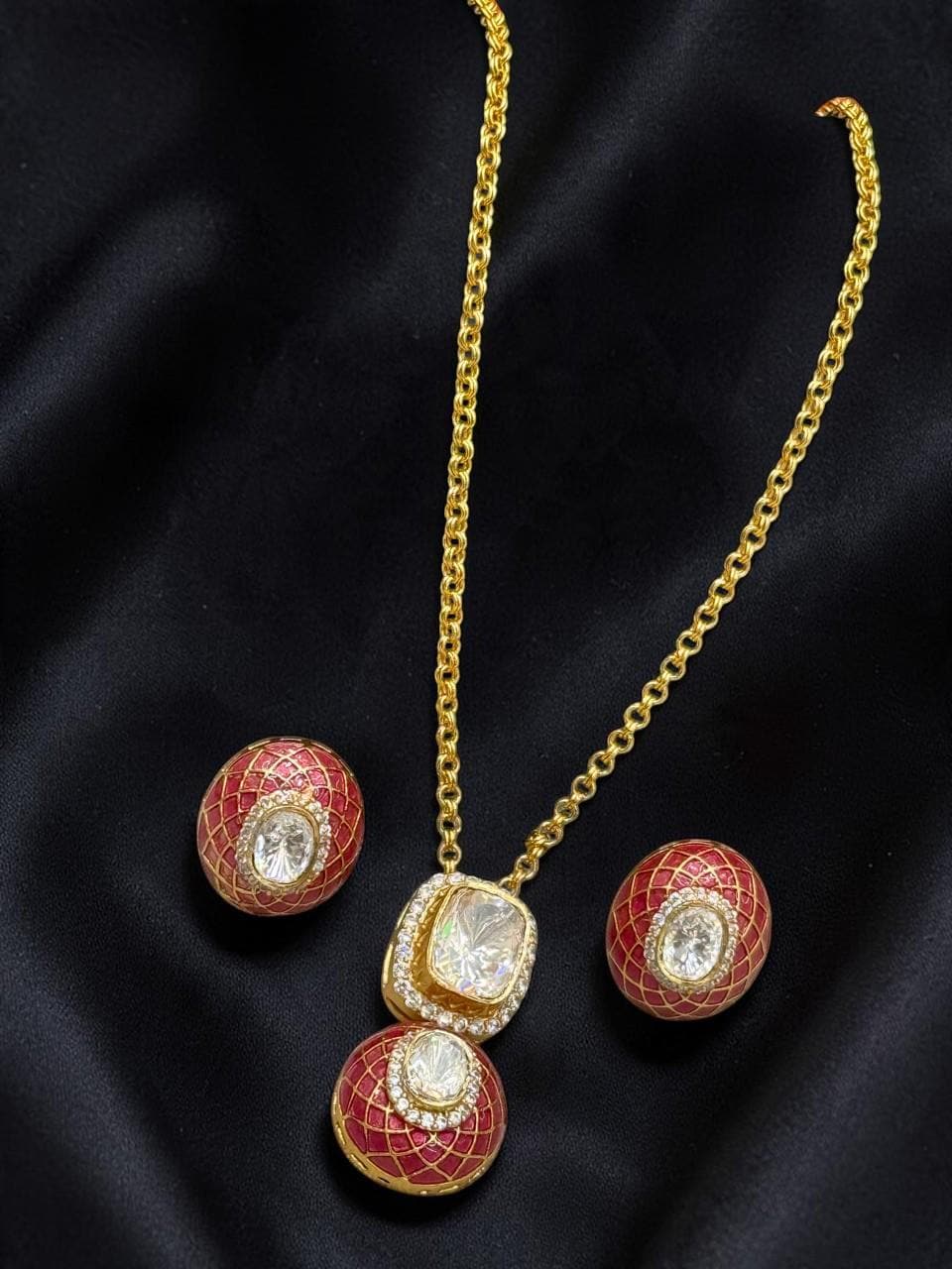 Mossanite, polki, American diamonds chain pendant necklace set with enamel work, adjustable gold polished