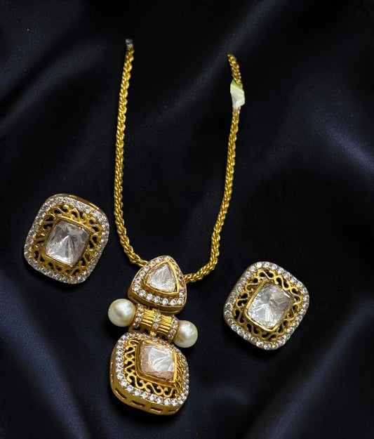 Mossanite, polki, American diamonds chain pendant necklace set with enamel work, adjustable gold polished
