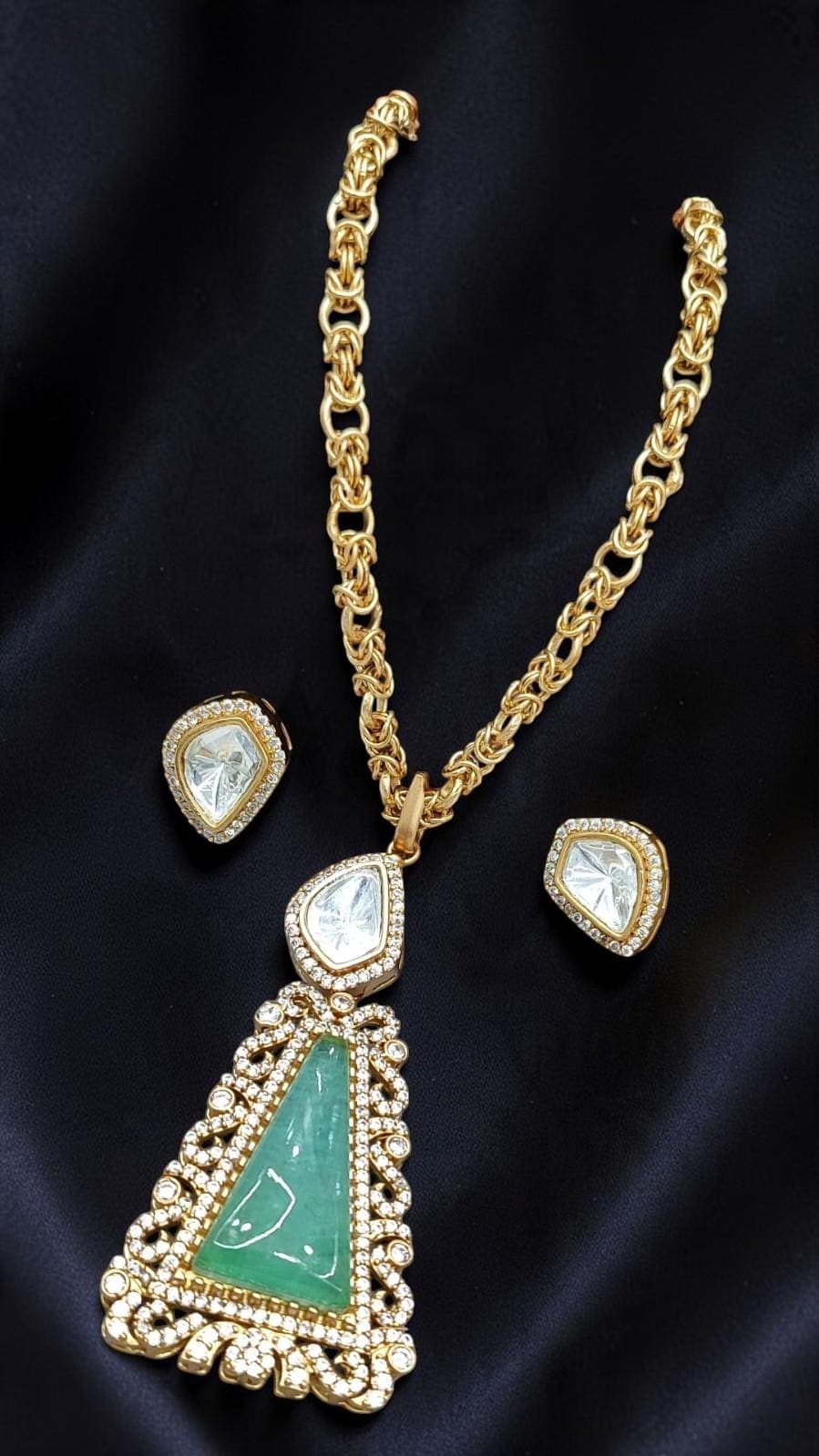 Mossanite, polki, American diamonds chain pendant necklace set with enamel work, adjustable gold polished