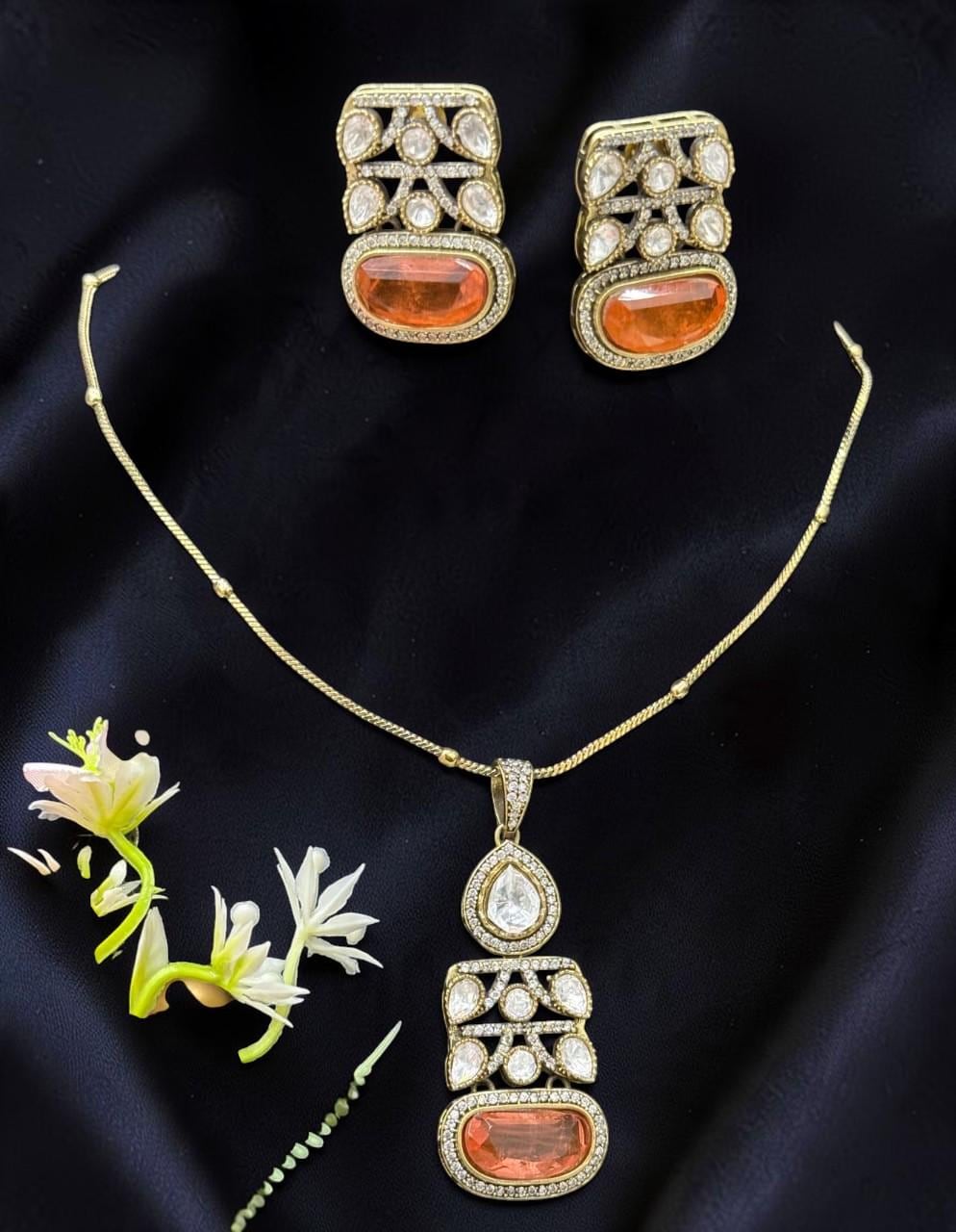 Doublet stone, Mossanite, polki, American diamonds chain pendant necklace set with enamel work, adjustable gold polished