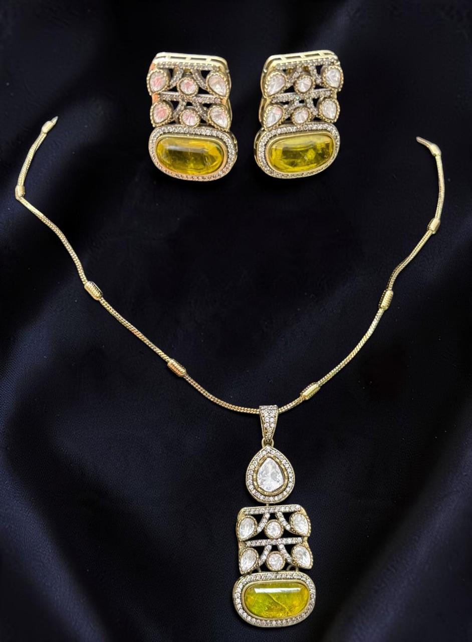 Doublet stone, Mossanite, polki, American diamonds chain pendant necklace set with enamel work, adjustable gold polished