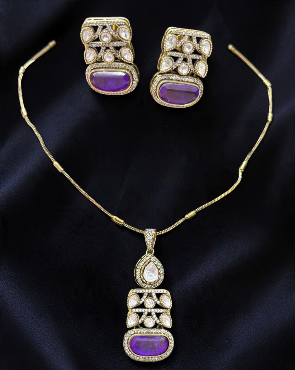 Doublet stone, Mossanite, polki, American diamonds chain pendant necklace set with enamel work, adjustable gold polished