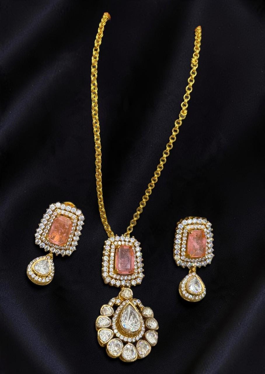 Doublet stone, Mossanite, polki, American diamonds chain pendant necklace set with enamel work, adjustable gold polished