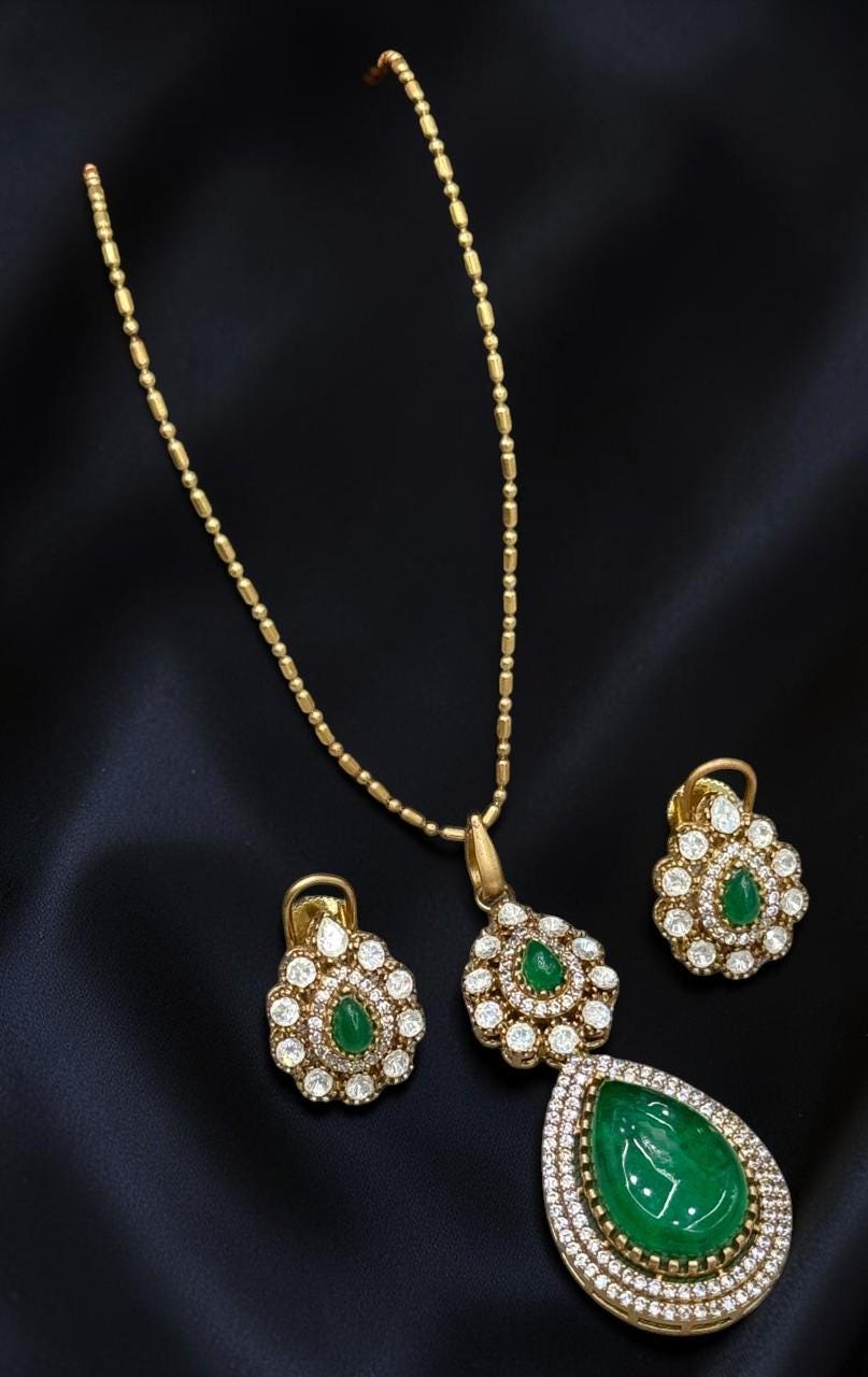 Doublet stone, Mossanite, polki, American diamonds chain pendant necklace set with enamel work, adjustable gold polished