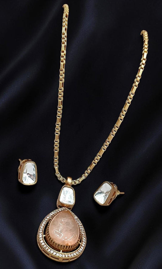 Doublet stone, Mossanite, polki, American diamonds chain pendant necklace set with enamel work, adjustable gold polished
