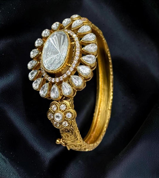 Handmade Antique Gold Mossanite and Polki Bracelet Kada American diamonds, Openable