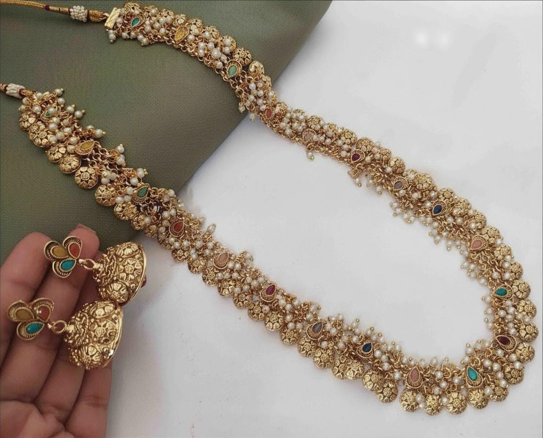 Long necklace gold look-alike set with pearls and stones with jhumka earrings