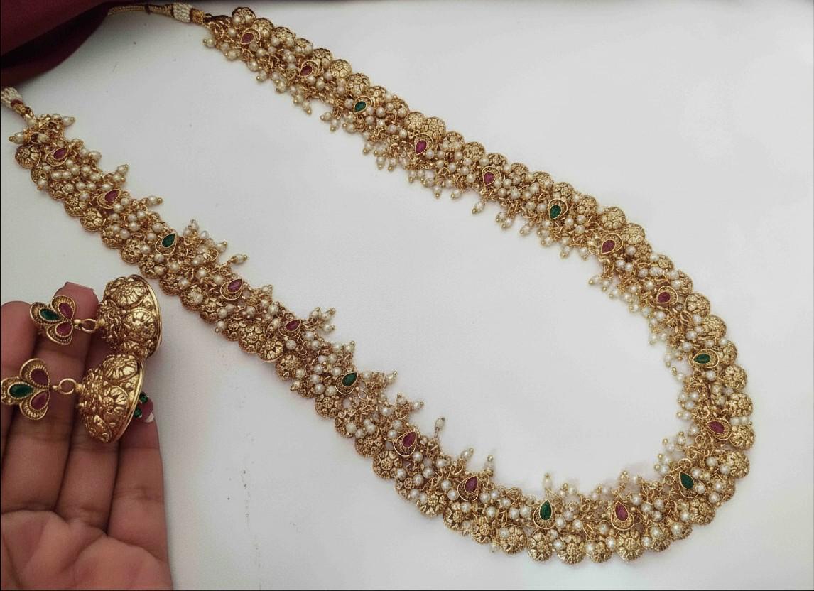 Long necklace gold look-alike set with pearls and stones with jhumka earrings