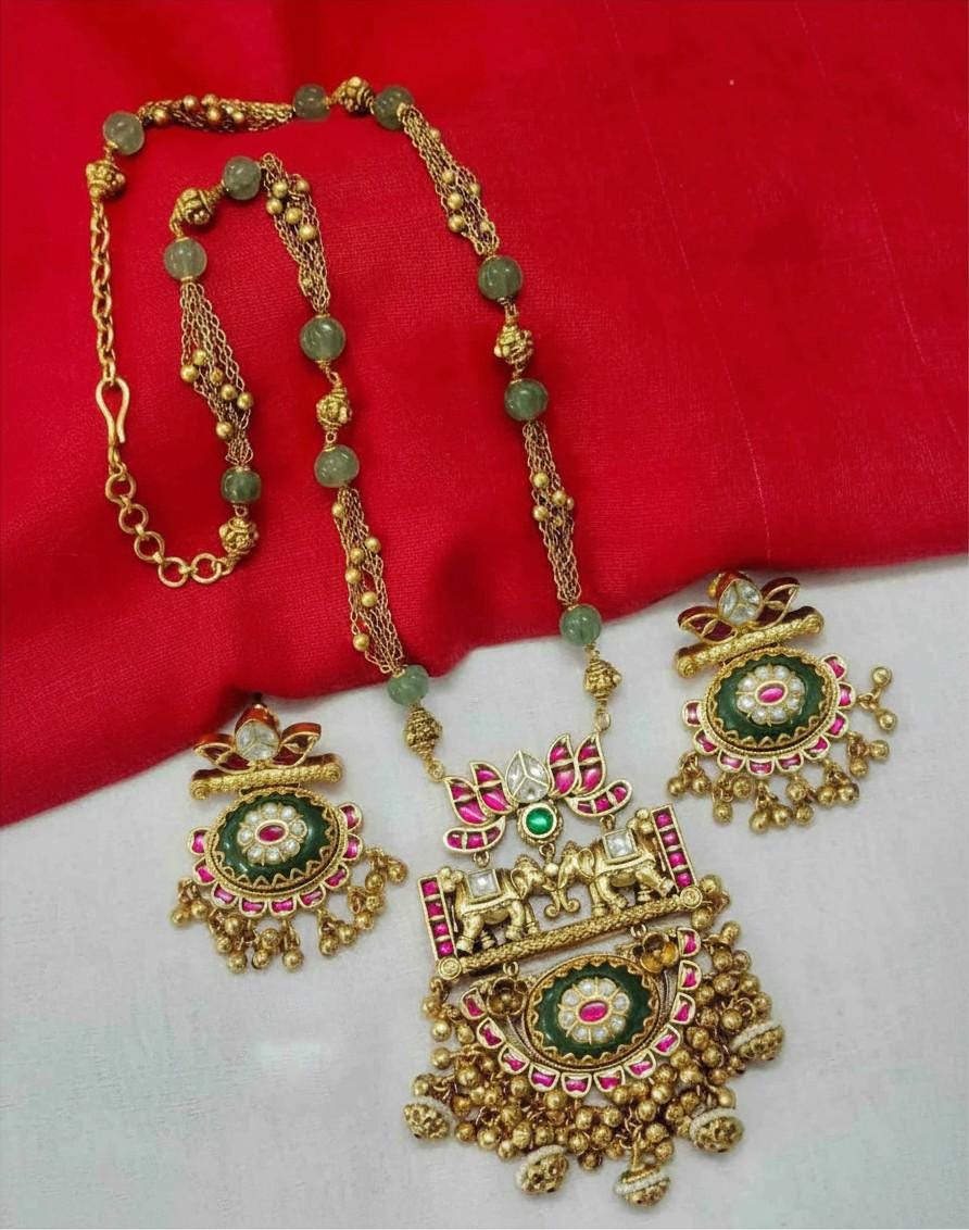 Rajwadi style heritage necklace gold look-alike set with semiprecious stones jadau and polki