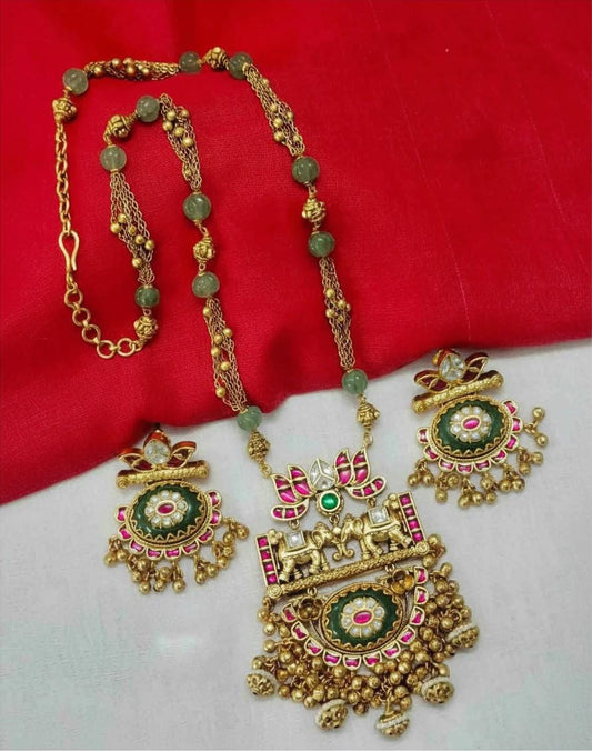 Rajwadi style heritage necklace gold look-alike set with semiprecious stones jadau and polki