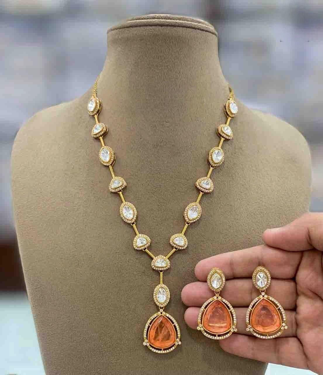 Orange doublet Stone, Polki: Antique Gold polished with American Diamonds necklace set