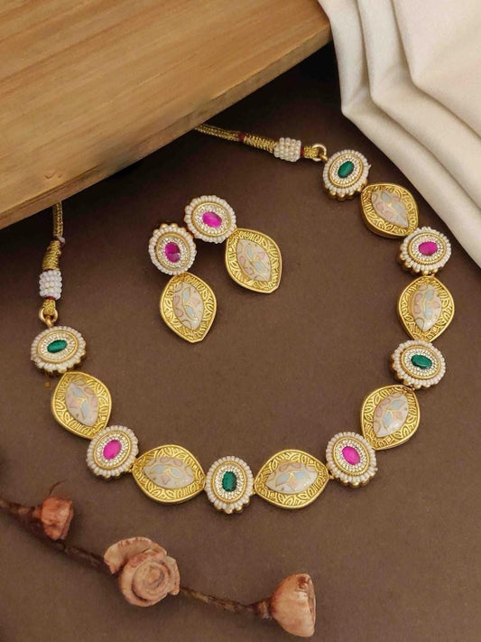 Rajwadi style heritage necklace gold look-alike set with semiprecious stones jadau and polki