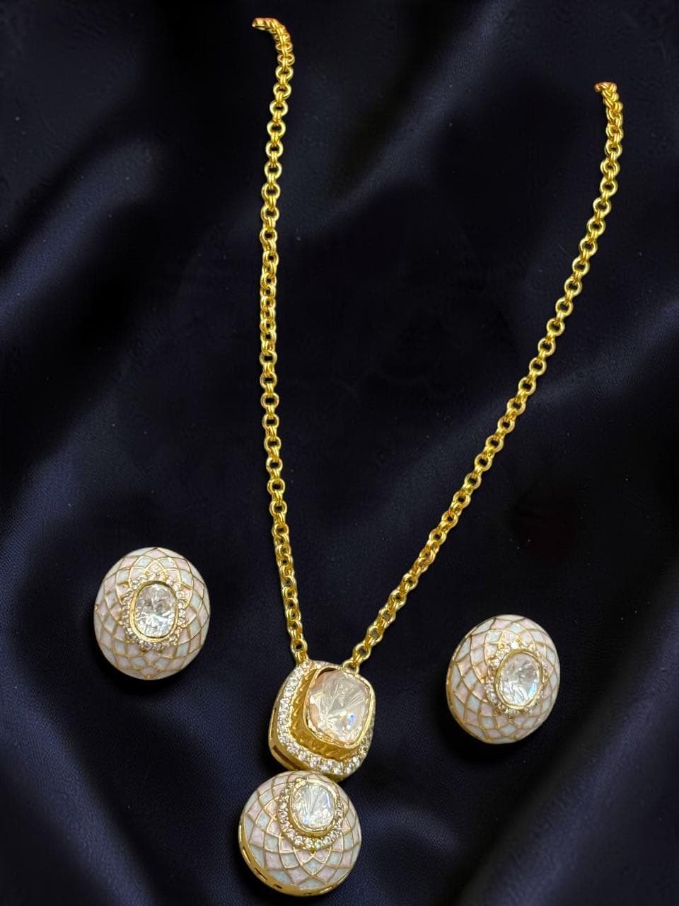 Mossanite, polki, American diamonds chain pendant necklace set with enamel work, adjustable gold polished