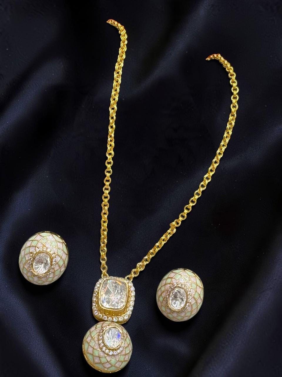 Mossanite, polki, American diamonds chain pendant necklace set with enamel work, adjustable gold polished