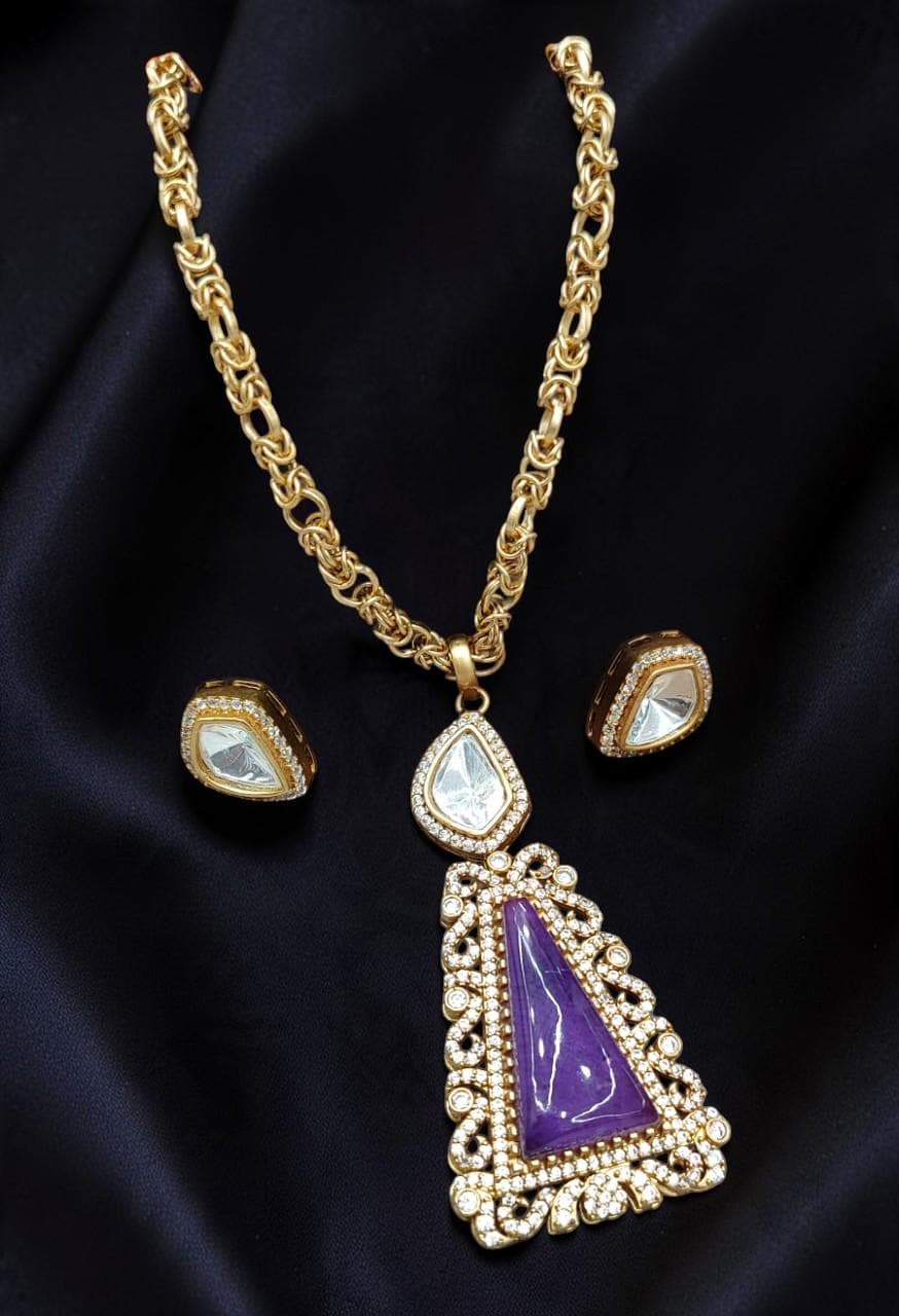 Mossanite, polki, American diamonds chain pendant necklace set with enamel work, adjustable gold polished