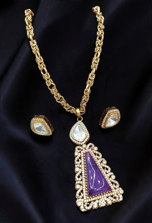 Mossanite, polki, American diamonds chain pendant necklace set with enamel work, adjustable gold polished