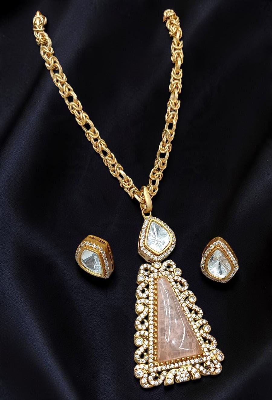 Mossanite, polki, American diamonds chain pendant necklace set with enamel work, adjustable gold polished