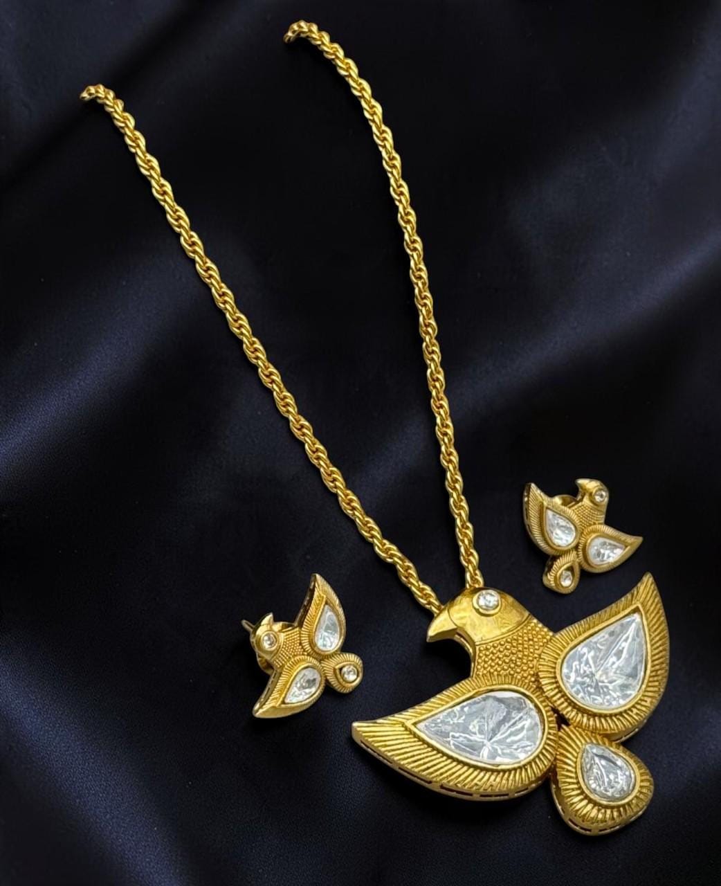 Mossanite, polki, American diamonds chain pendant necklace set with enamel work, adjustable gold polished