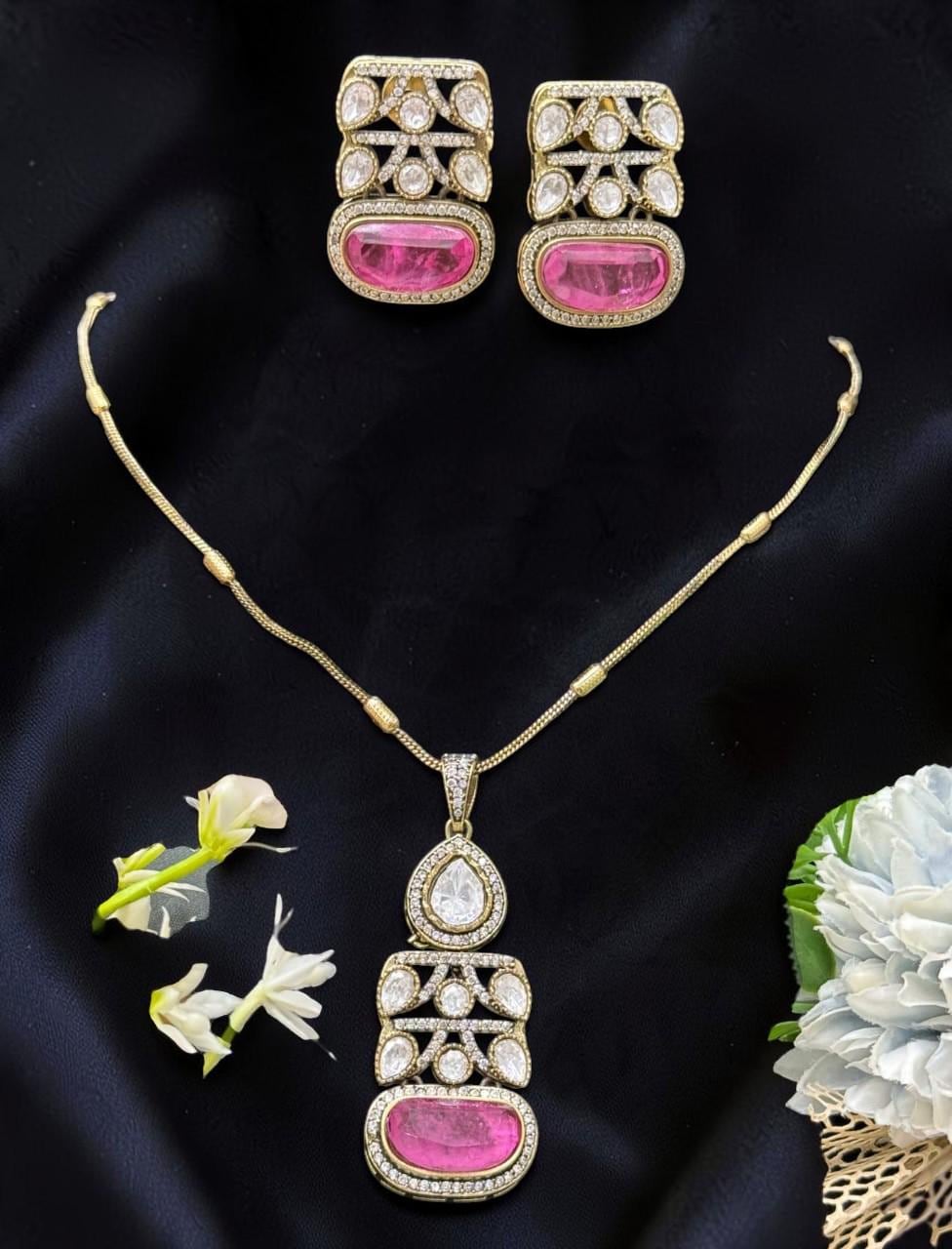 Doublet stone, Mossanite, polki, American diamonds chain pendant necklace set with enamel work, adjustable gold polished