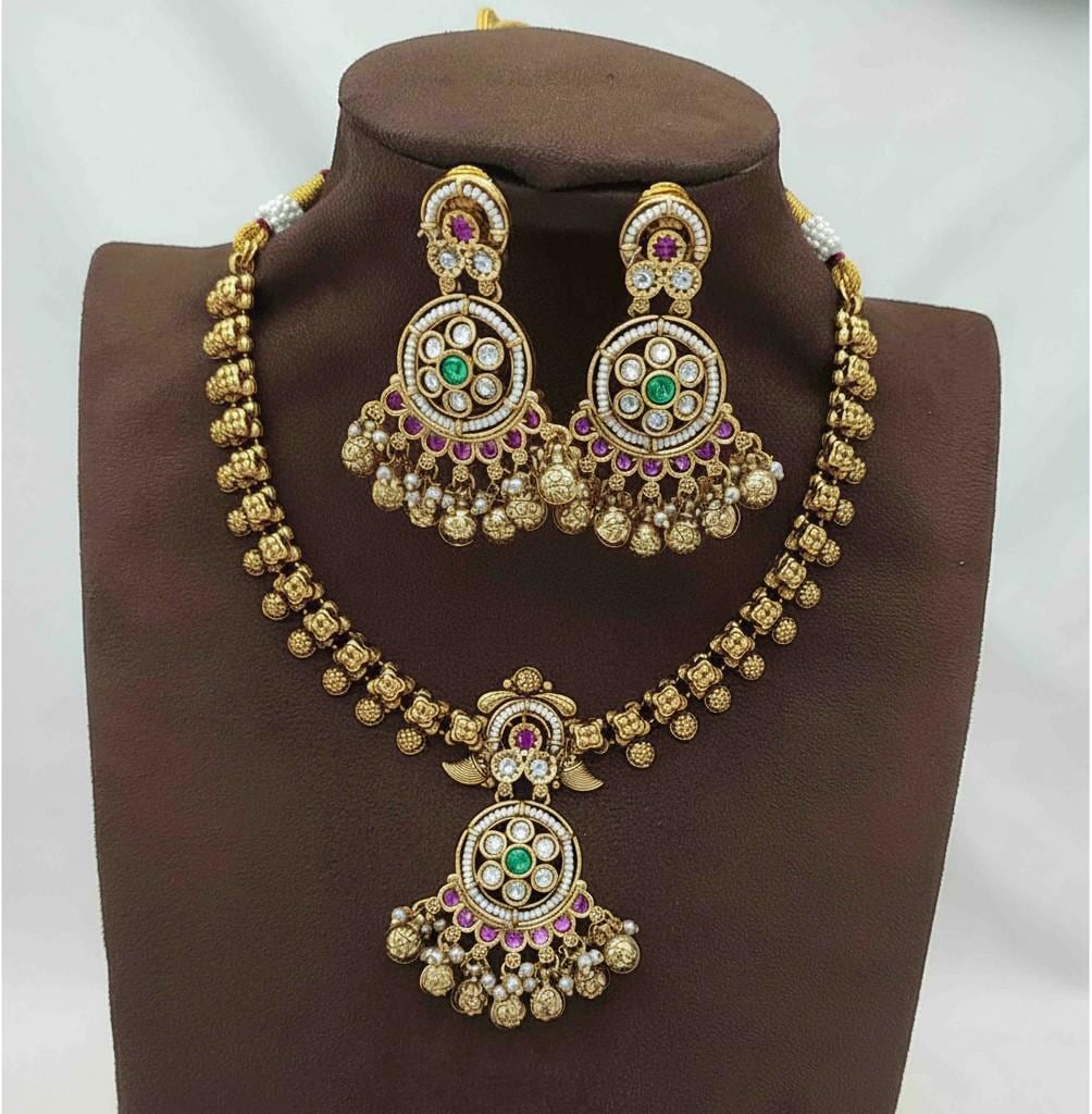 Rajwadi style heritage design small necklace set antique gold finished