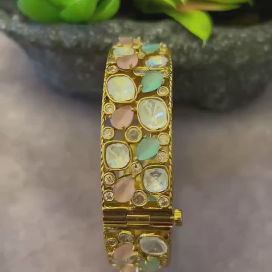 Polki and American diamonds kada bracelet gold polished